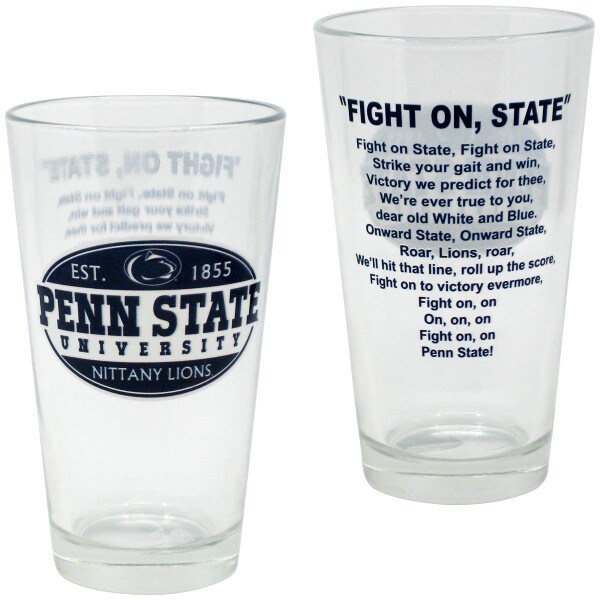 pint glass Penn State University Nittany Lions one side, Fight On State lyrics other side